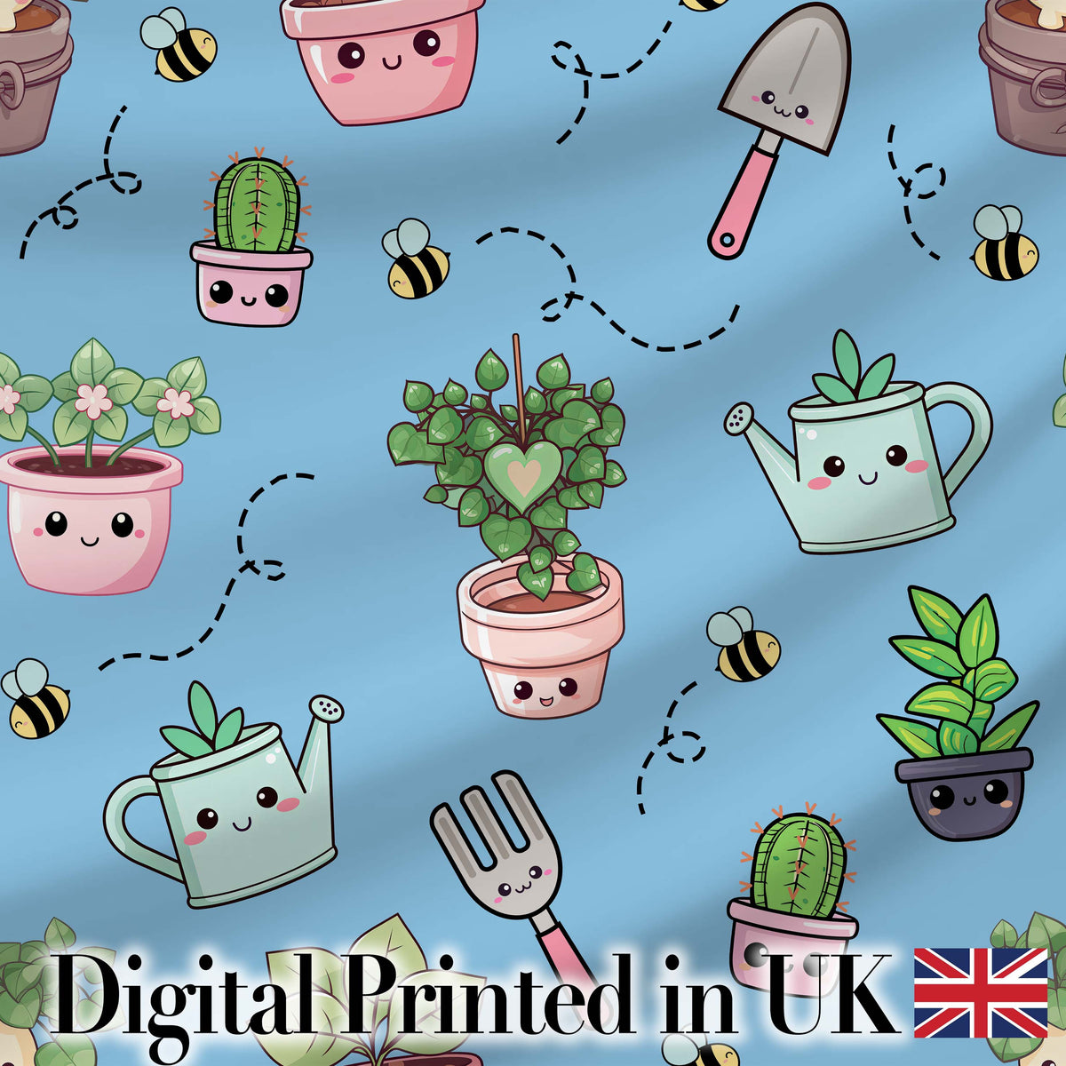 Cute Kawaii Garden Tools Plants Bees Seamless Pattern Blue Background Digital Print Fabric by the Metre UK Sewing Quilting Textile