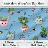 Cute Kawaii Garden Tools Plants Bees Seamless Pattern Blue Background Digital Print Fabric by the Metre UK Sewing Quilting Textile