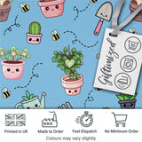 Cute Kawaii Garden Tools Plants Bees Seamless Pattern Blue Background Digital Print Fabric by the Metre UK Sewing Quilting Textile