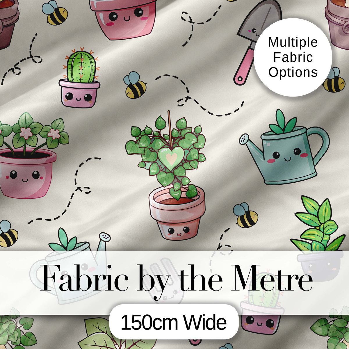 Cute Kawaii Garden Tools Plants Bees Seamless Pattern Cream Background Digital Print Fabric by the Metre UK Sewing Quilting Textile