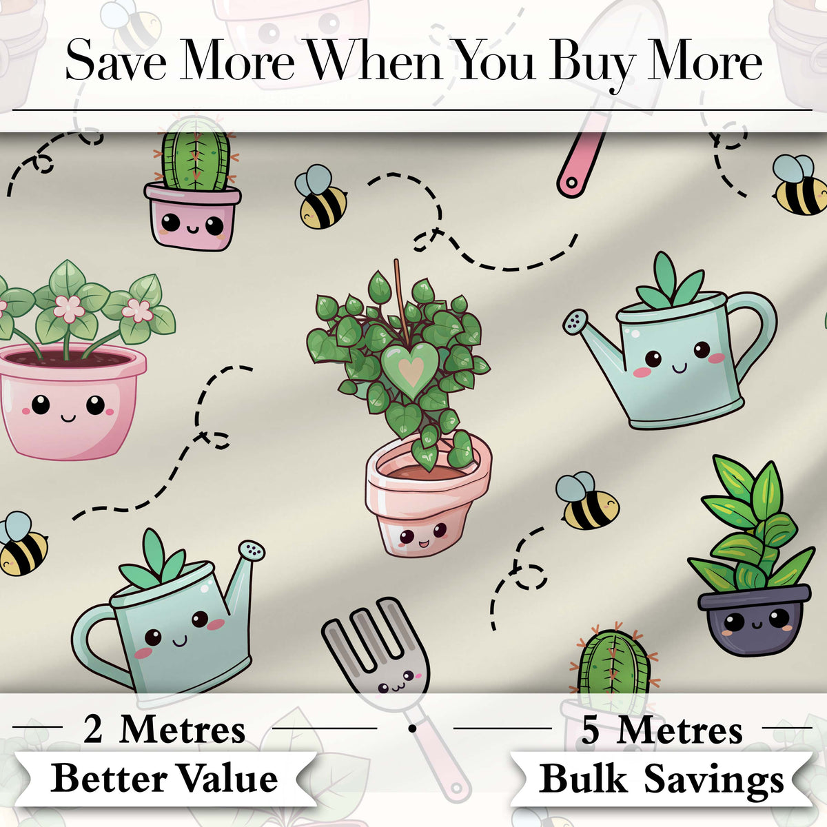 Cute Kawaii Garden Tools Plants Bees Seamless Pattern Cream Background Digital Print Fabric by the Metre UK Sewing Quilting Textile