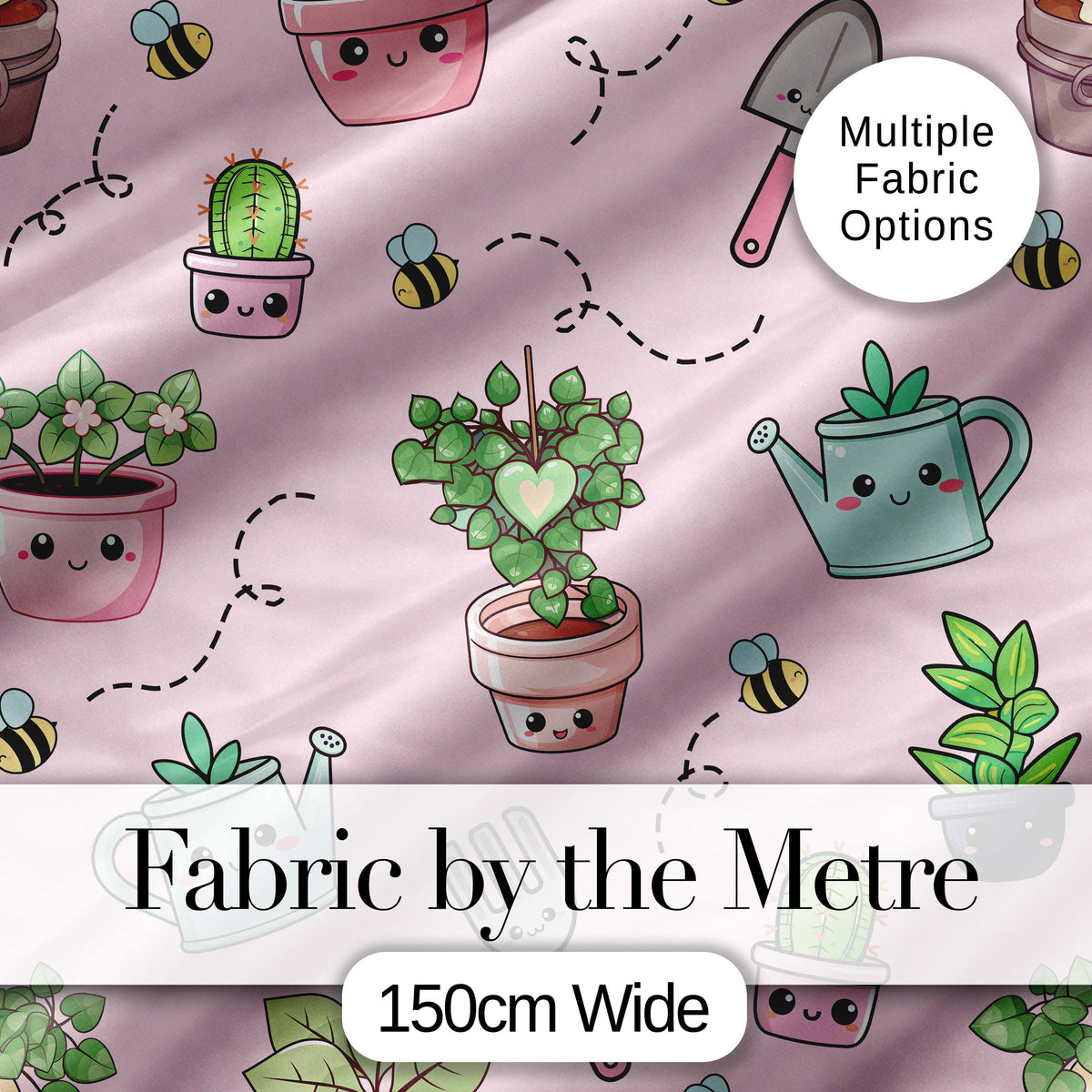 Cute Kawaii Garden Tools Plants Bees Seamless Pattern Blush Background Digital Print Fabric by the Metre UK Sewing Quilting Textile