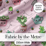 Cute Kawaii Garden Tools Plants Bees Seamless Pattern Blush Background Digital Print Fabric by the Metre UK Sewing Quilting Textile