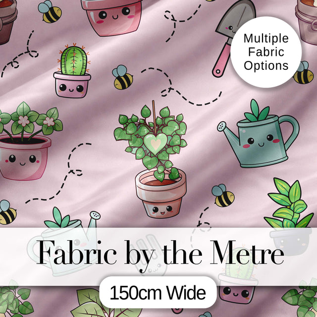 Cute Kawaii Garden Tools Plants Bees Seamless Pattern Blush Background Digital Print Fabric by the Metre UK Sewing Quilting Textile