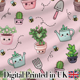 Cute Kawaii Garden Tools Plants Bees Seamless Pattern Blush Background Digital Print Fabric by the Metre UK Sewing Quilting Textile