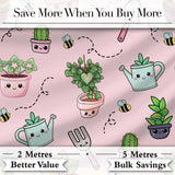 Cute Kawaii Garden Tools Plants Bees Seamless Pattern Blush Background Digital Print Fabric by the Metre UK Sewing Quilting Textile