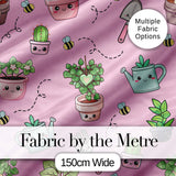 Cute Kawaii Garden Tools Plants Bees Seamless Pattern Pink Background Digital Print Fabric by the Metre UK Sewing Quilting Textile