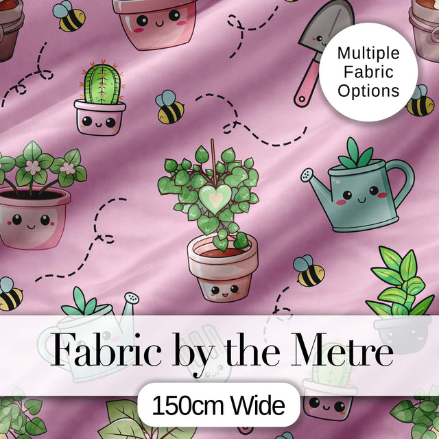 Cute Kawaii Garden Tools Plants Bees Seamless Pattern Pink Background Digital Print Fabric by the Metre UK Sewing Quilting Textile