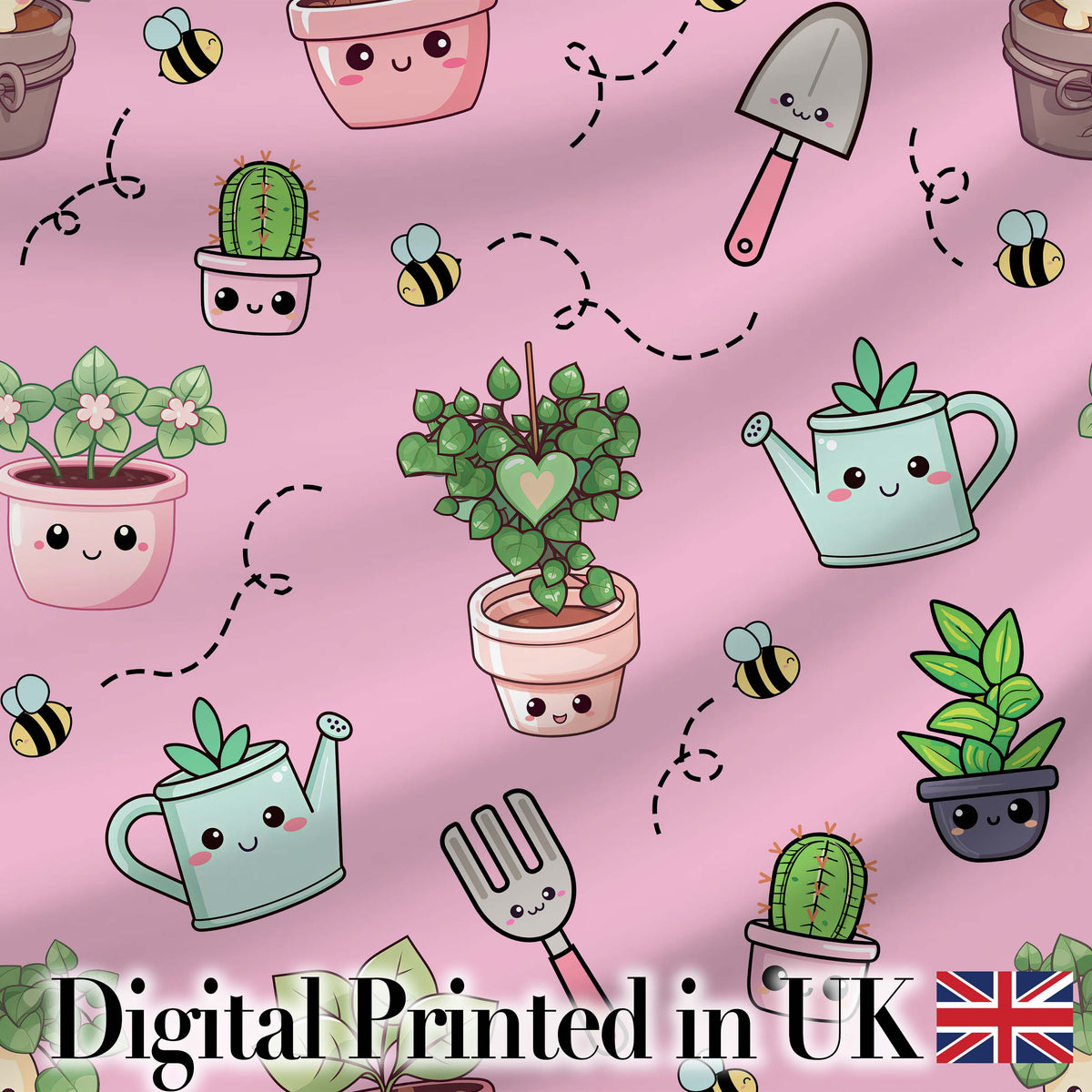 Cute Kawaii Garden Tools Plants Bees Seamless Pattern Pink Background Digital Print Fabric by the Metre UK Sewing Quilting Textile