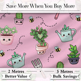 Cute Kawaii Garden Tools Plants Bees Seamless Pattern Pink Background Digital Print Fabric by the Metre UK Sewing Quilting Textile