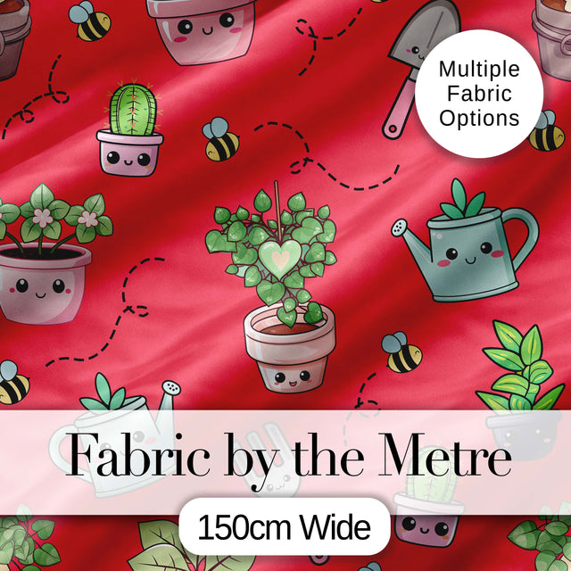 Cute Kawaii Garden Tools Plants Bees Seamless Pattern Red Background Digital Print Fabric by the Metre UK Sewing Quilting Textile