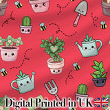 Cute Kawaii Garden Tools Plants Bees Seamless Pattern Red Background Digital Print Fabric by the Metre UK Sewing Quilting Textile