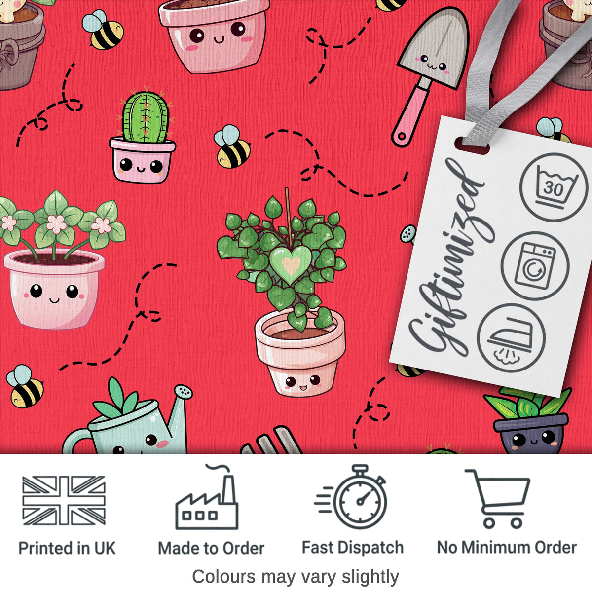 Cute Kawaii Garden Tools Plants Bees Seamless Pattern Red Background Digital Print Fabric by the Metre UK Sewing Quilting Textile