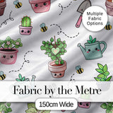 Cute Kawaii Garden Tools Plants Bees Seamless Pattern Grey Background Digital Print Fabric by the Metre UK Sewing Quilting Textile