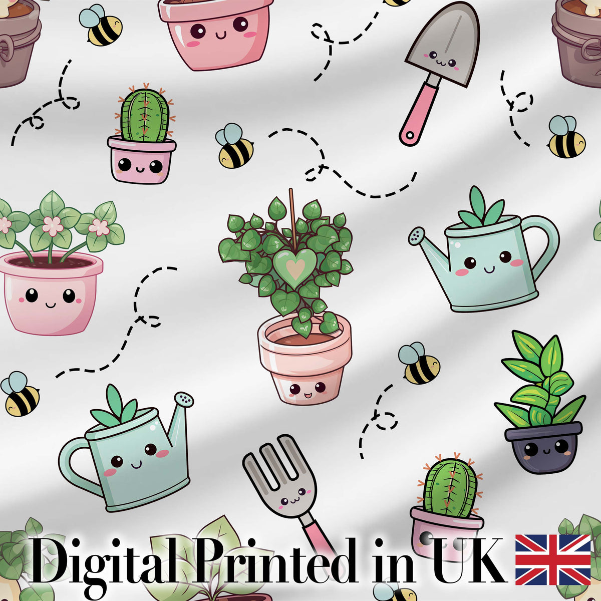 Cute Kawaii Garden Tools Plants Bees Seamless Pattern Grey Background Digital Print Fabric by the Metre UK Sewing Quilting Textile