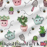Cute Kawaii Garden Tools Plants Bees Seamless Pattern Grey Background Digital Print Fabric by the Metre UK Sewing Quilting Textile