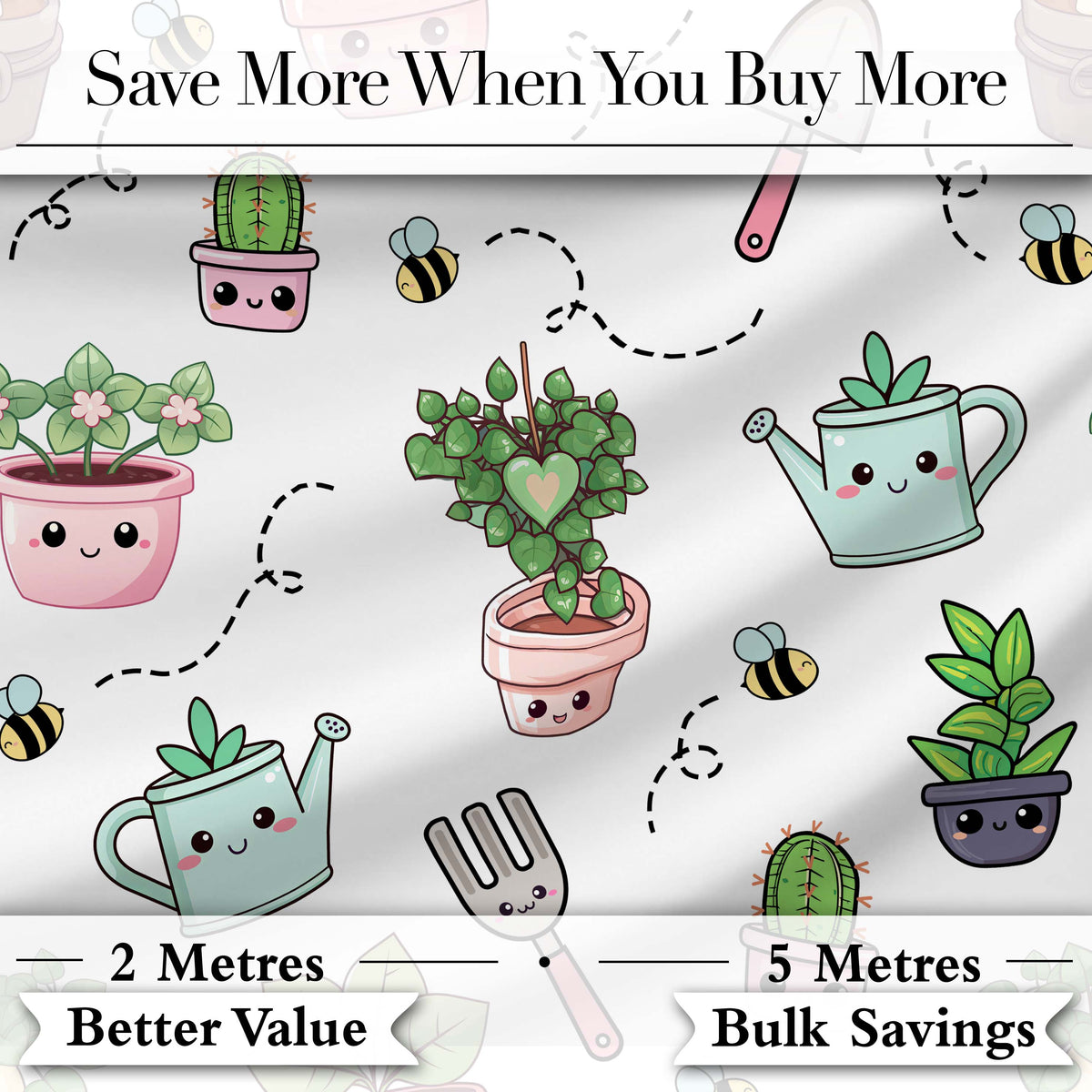 Cute Kawaii Garden Tools Plants Bees Seamless Pattern Grey Background Digital Print Fabric by the Metre UK Sewing Quilting Textile