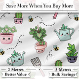 Cute Kawaii Garden Tools Plants Bees Seamless Pattern Grey Background Digital Print Fabric by the Metre UK Sewing Quilting Textile