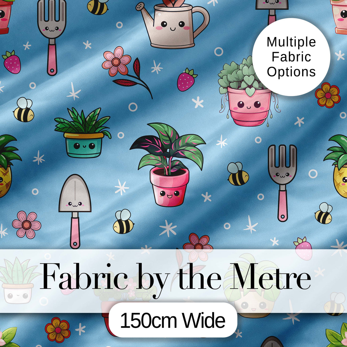 Cute Kawaii Garden Tools Plants Bees Seamless Pattern Blue Floral Background Digital Print Fabric by the Metre UK Sewing Quilting Textile