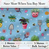 Cute Kawaii Garden Tools Plants Bees Seamless Pattern Blue Floral Background Digital Print Fabric by the Metre UK Sewing Quilting Textile