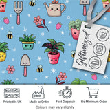 Cute Kawaii Garden Tools Plants Bees Seamless Pattern Blue Floral Background Digital Print Fabric by the Metre UK Sewing Quilting Textile