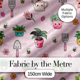Cute Kawaii Garden Tools Plants Bees Seamless Pattern Pink Floral Background Digital Print Fabric by the Metre UK Sewing Quilting Textile