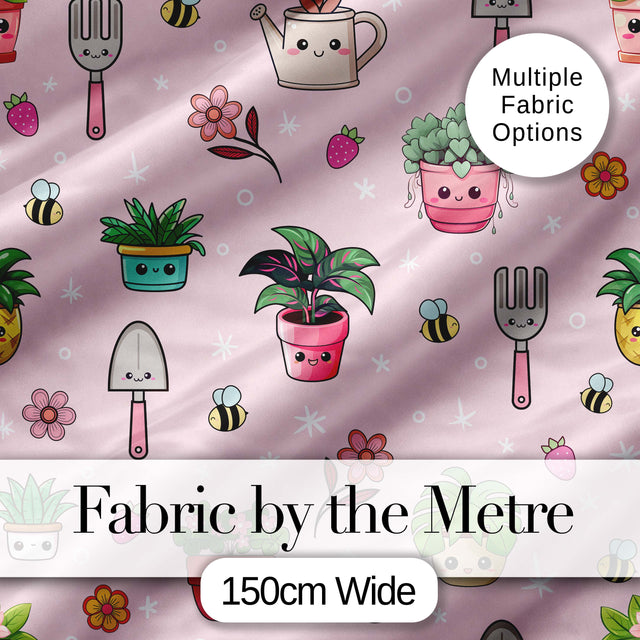 Cute Kawaii Garden Tools Plants Bees Seamless Pattern Pink Floral Background Digital Print Fabric by the Metre UK Sewing Quilting Textile