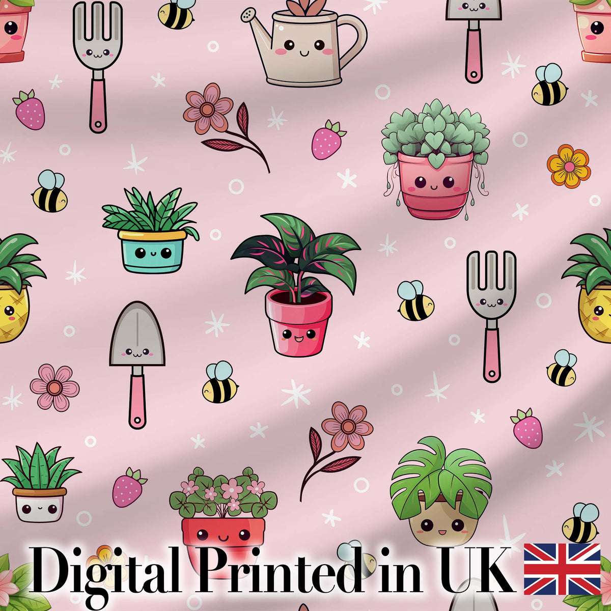 Cute Kawaii Garden Tools Plants Bees Seamless Pattern Pink Floral Background Digital Print Fabric by the Metre UK Sewing Quilting Textile