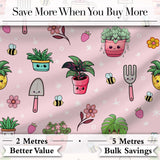 Cute Kawaii Garden Tools Plants Bees Seamless Pattern Pink Floral Background Digital Print Fabric by the Metre UK Sewing Quilting Textile