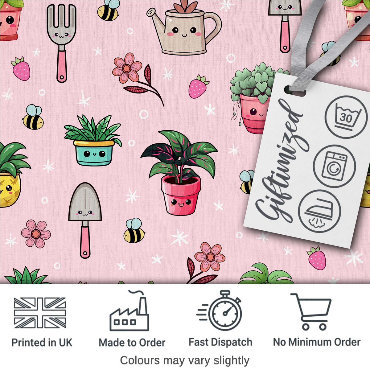 Cute Kawaii Garden Tools Plants Bees Seamless Pattern Pink Floral Background Digital Print Fabric by the Metre UK Sewing Quilting Textile