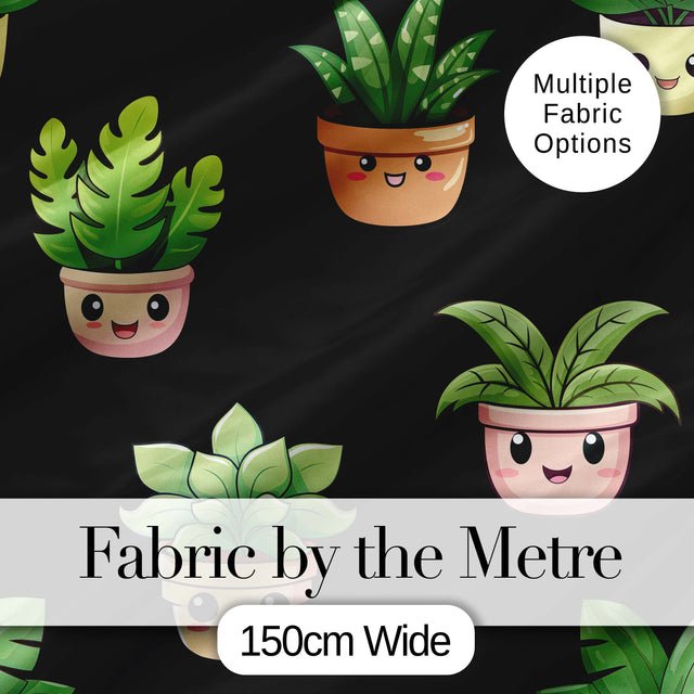 Cute Kawaii Cute Plant Pots Leaves Seamless Pattern Black Background Digital Print Fabric by the Metre UK Sewing Quilting Textile