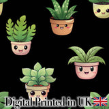 Cute Kawaii Cute Plant Pots Leaves Seamless Pattern Black Background Digital Print Fabric by the Metre UK Sewing Quilting Textile