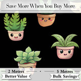 Cute Kawaii Cute Plant Pots Leaves Seamless Pattern Black Background Digital Print Fabric by the Metre UK Sewing Quilting Textile