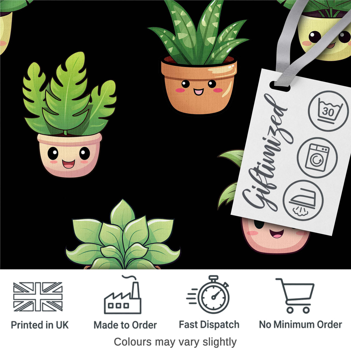 Cute Kawaii Cute Plant Pots Leaves Seamless Pattern Black Background Digital Print Fabric by the Metre UK Sewing Quilting Textile