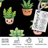 Cute Kawaii Cute Plant Pots Leaves Seamless Pattern Black Background Digital Print Fabric by the Metre UK Sewing Quilting Textile