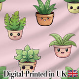Cute Kawaii Smiling Plant Pots Leaves Seamless Pattern Blush Background Digital Print Fabric by the Metre UK Sewing Quilting Textile