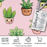 Cute Kawaii Smiling Plant Pots Leaves Seamless Pattern Blush Background Digital Print Fabric by the Metre UK Sewing Quilting Textile