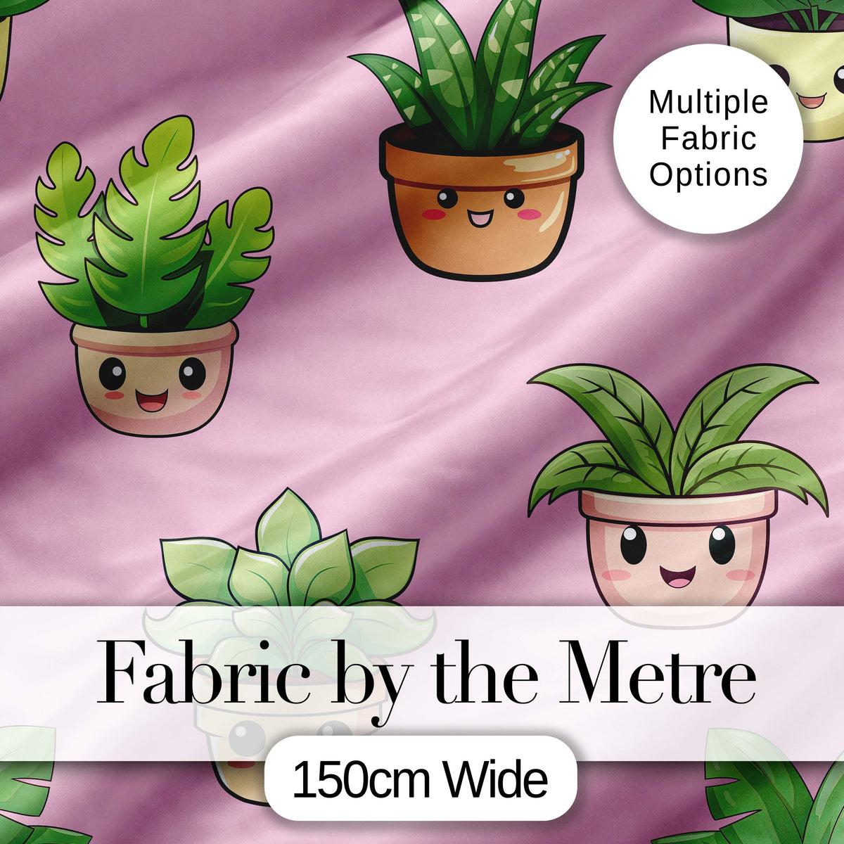 Cute Kawaii Smiling Plant Pots Leaves Seamless Pattern Pink Background Digital Print Fabric by the Metre UK Sewing Quilting Textile