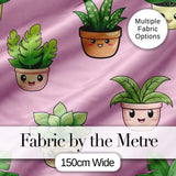 Cute Kawaii Smiling Plant Pots Leaves Seamless Pattern Pink Background Digital Print Fabric by the Metre UK Sewing Quilting Textile