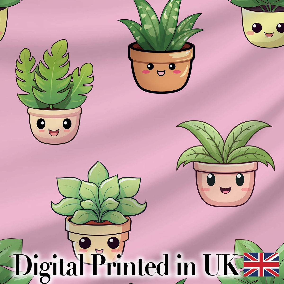 Cute Kawaii Smiling Plant Pots Leaves Seamless Pattern Pink Background Digital Print Fabric by the Metre UK Sewing Quilting Textile