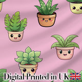 Cute Kawaii Smiling Plant Pots Leaves Seamless Pattern Pink Background Digital Print Fabric by the Metre UK Sewing Quilting Textile
