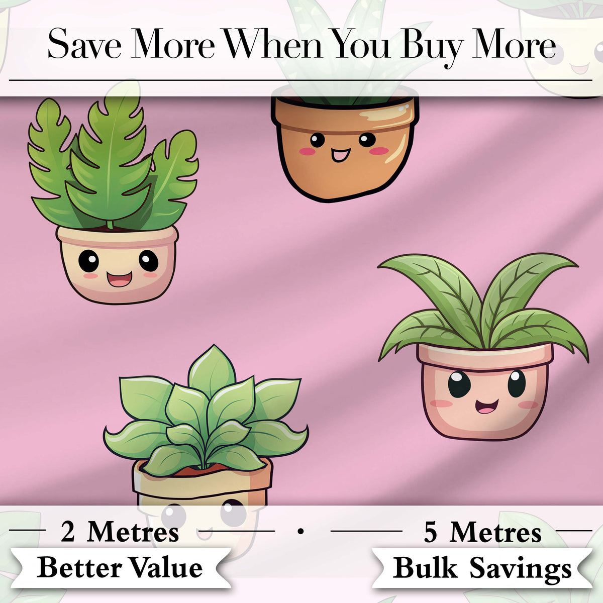 Cute Kawaii Smiling Plant Pots Leaves Seamless Pattern Pink Background Digital Print Fabric by the Metre UK Sewing Quilting Textile