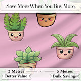 Cute Kawaii Smiling Plant Pots Leaves Seamless Pattern Pink Background Digital Print Fabric by the Metre UK Sewing Quilting Textile