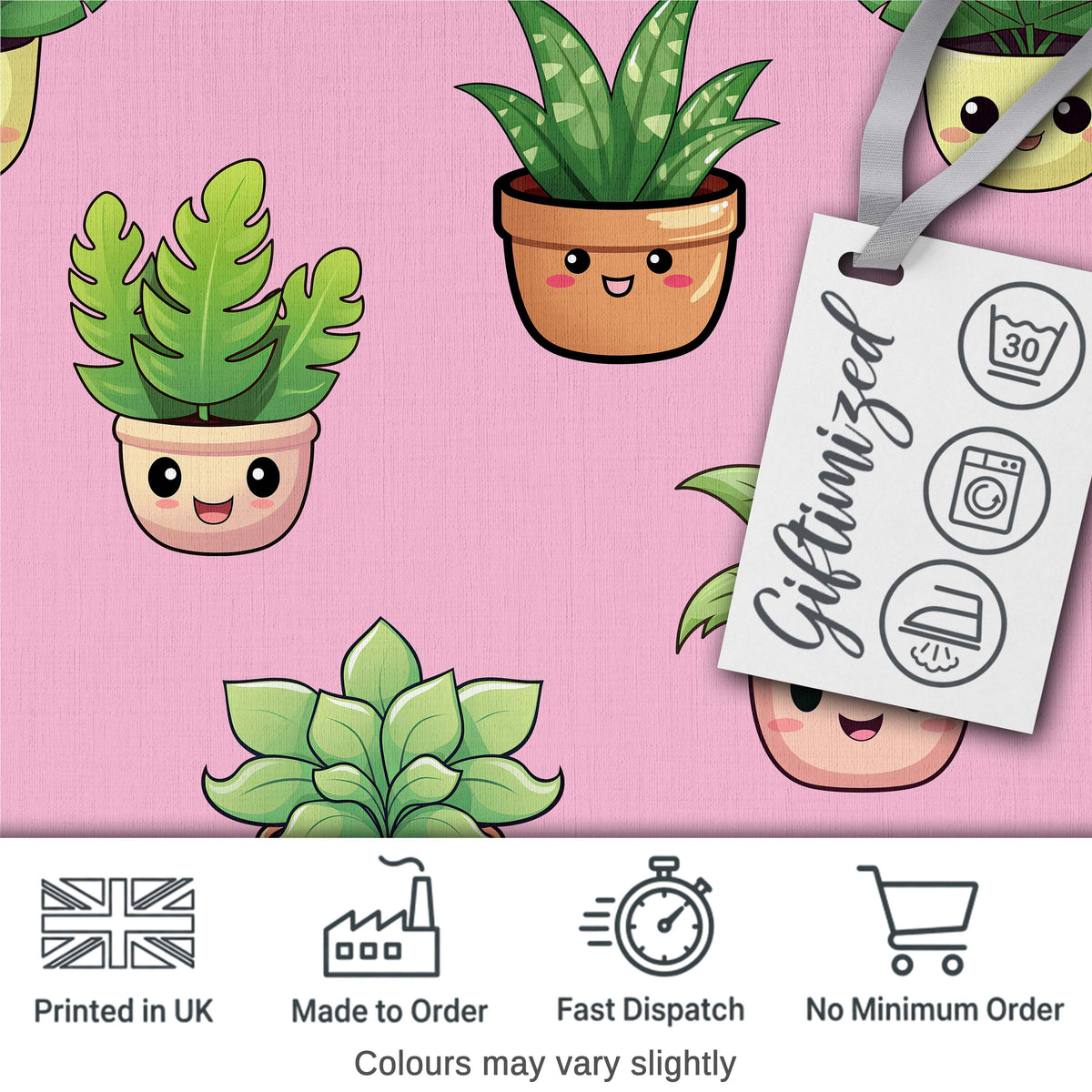Cute Kawaii Smiling Plant Pots Leaves Seamless Pattern Pink Background Digital Print Fabric by the Metre UK Sewing Quilting Textile