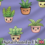 Cute Kawaii Smiling Plant Pots Leaves Seamless Pattern Purple Background Digital Print Fabric by the Metre UK Sewing Quilting Textile