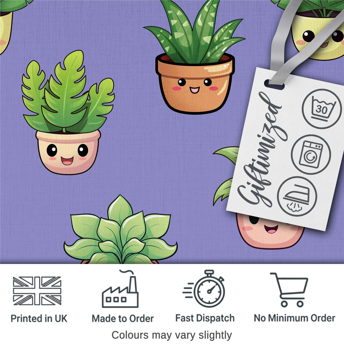 Cute Kawaii Smiling Plant Pots Leaves Seamless Pattern Purple Background Digital Print Fabric by the Metre UK Sewing Quilting Textile