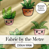 Cute Kawaii Smiling Plant Pots Leaves Seamless Pattern Yellow Background Digital Print Fabric by the Metre UK Sewing Quilting Textile