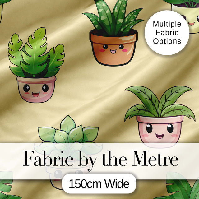 Cute Kawaii Smiling Plant Pots Leaves Seamless Pattern Yellow Background Digital Print Fabric by the Metre UK Sewing Quilting Textile
