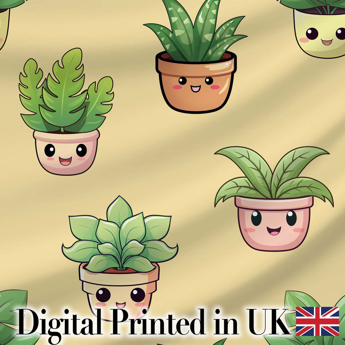 Cute Kawaii Smiling Plant Pots Leaves Seamless Pattern Yellow Background Digital Print Fabric by the Metre UK Sewing Quilting Textile