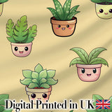 Cute Kawaii Smiling Plant Pots Leaves Seamless Pattern Yellow Background Digital Print Fabric by the Metre UK Sewing Quilting Textile